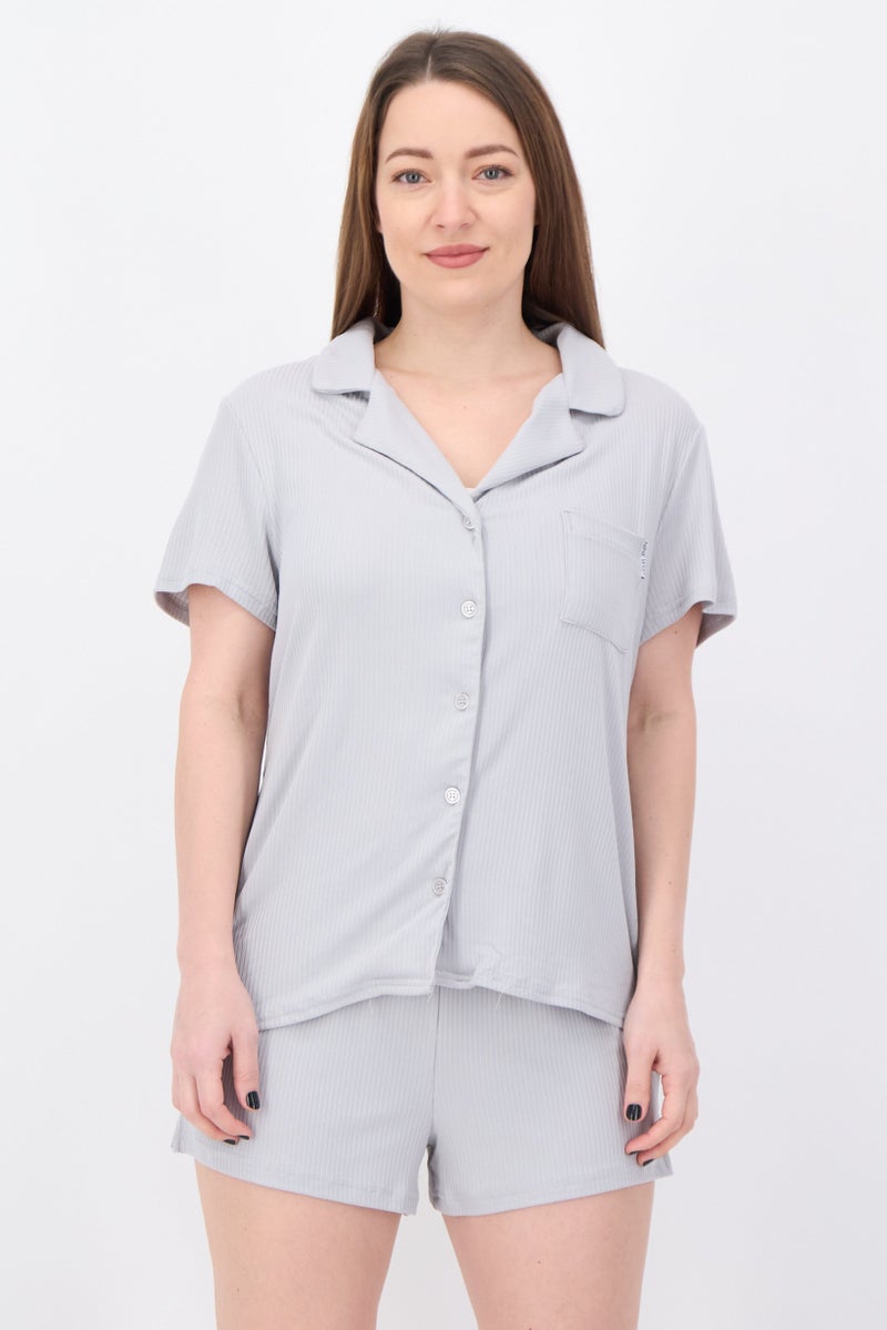 NINE WEST Women 2 Pieces Ribbed Shirt And Shorts Pajama Set, Grey - Image 1